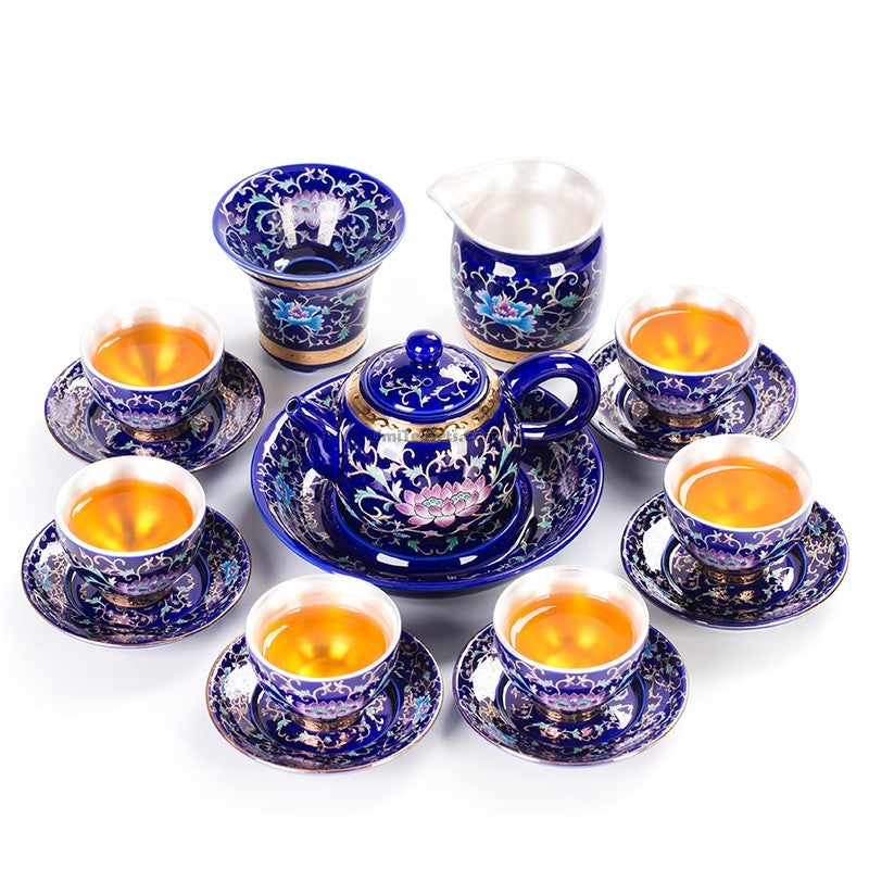 Enamel Porcelain Tea Set With Inner Sterling Silver