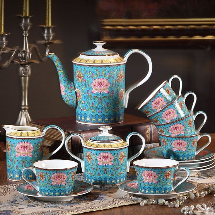 Blue Bone China Lotus Tea Set