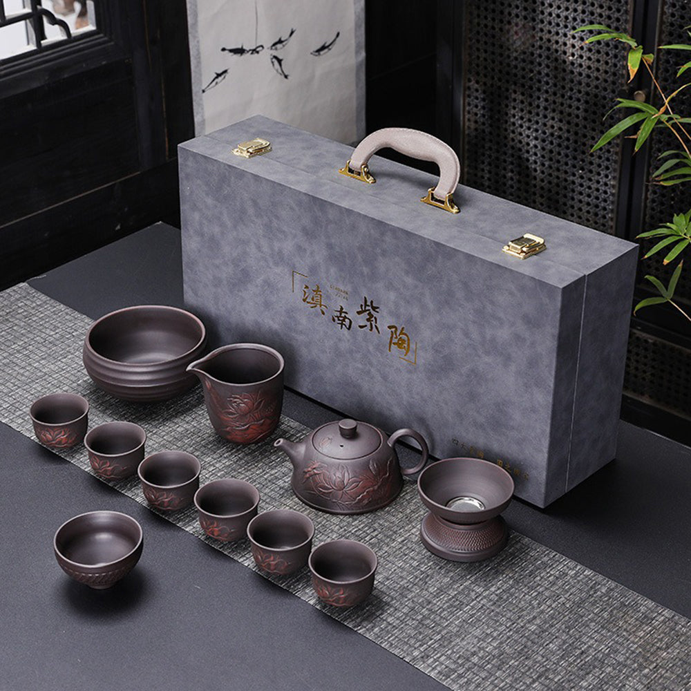 Yixing Purple Clay Relif Lotus Tea Set