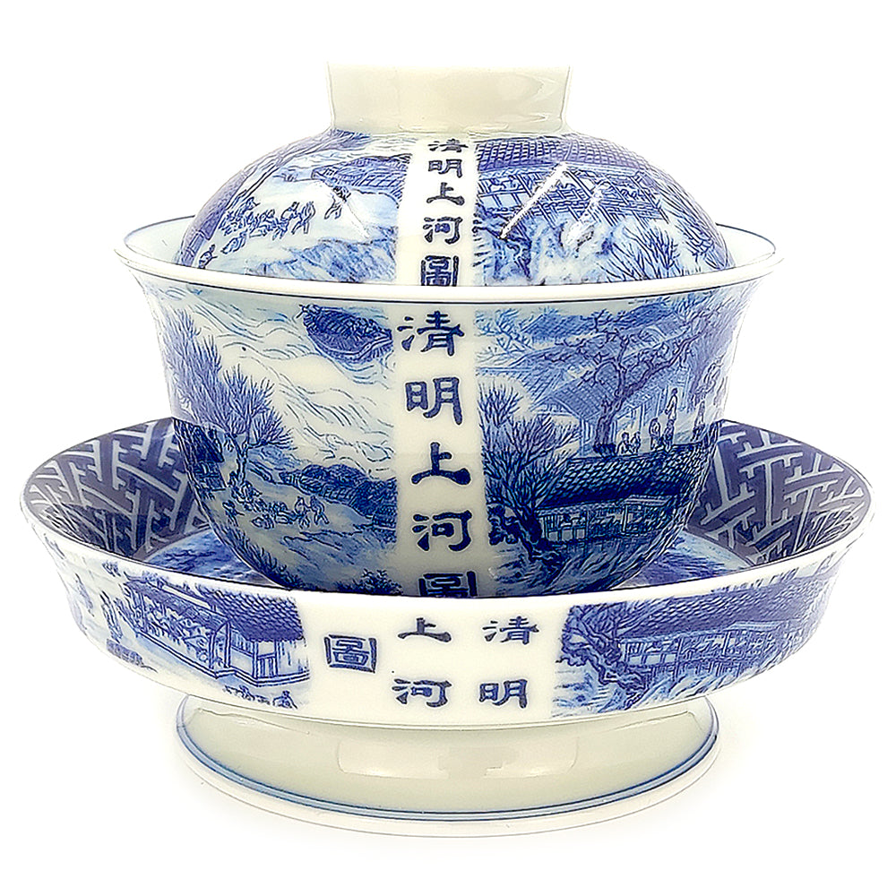 Qingming Shanghetu Blue And White Porcelain Gaiwan