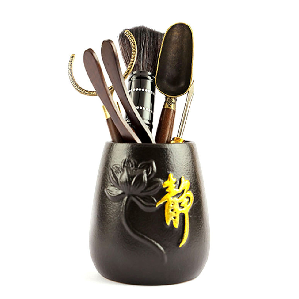 Ebony Tea Utensils Set With Ceramic Lotus Holder