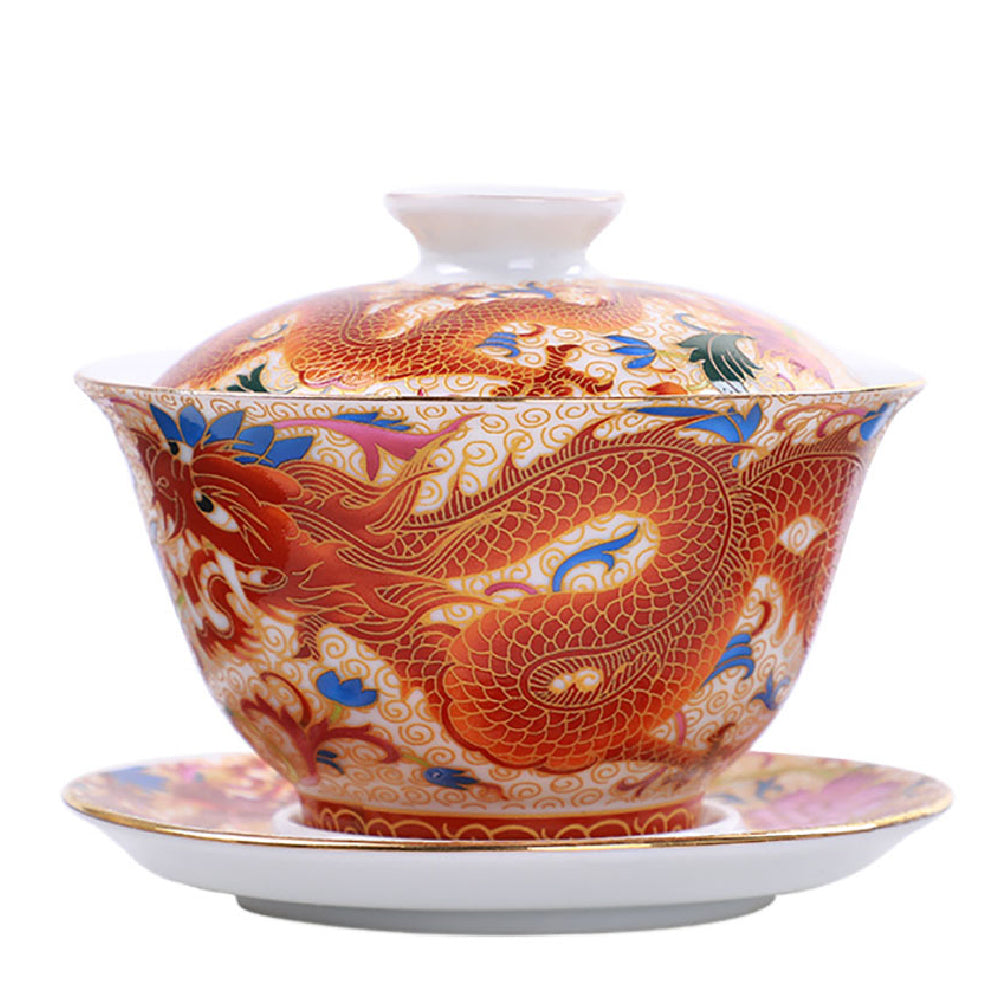 Enamel Porcelain Dragon Phoenix Gaiwan