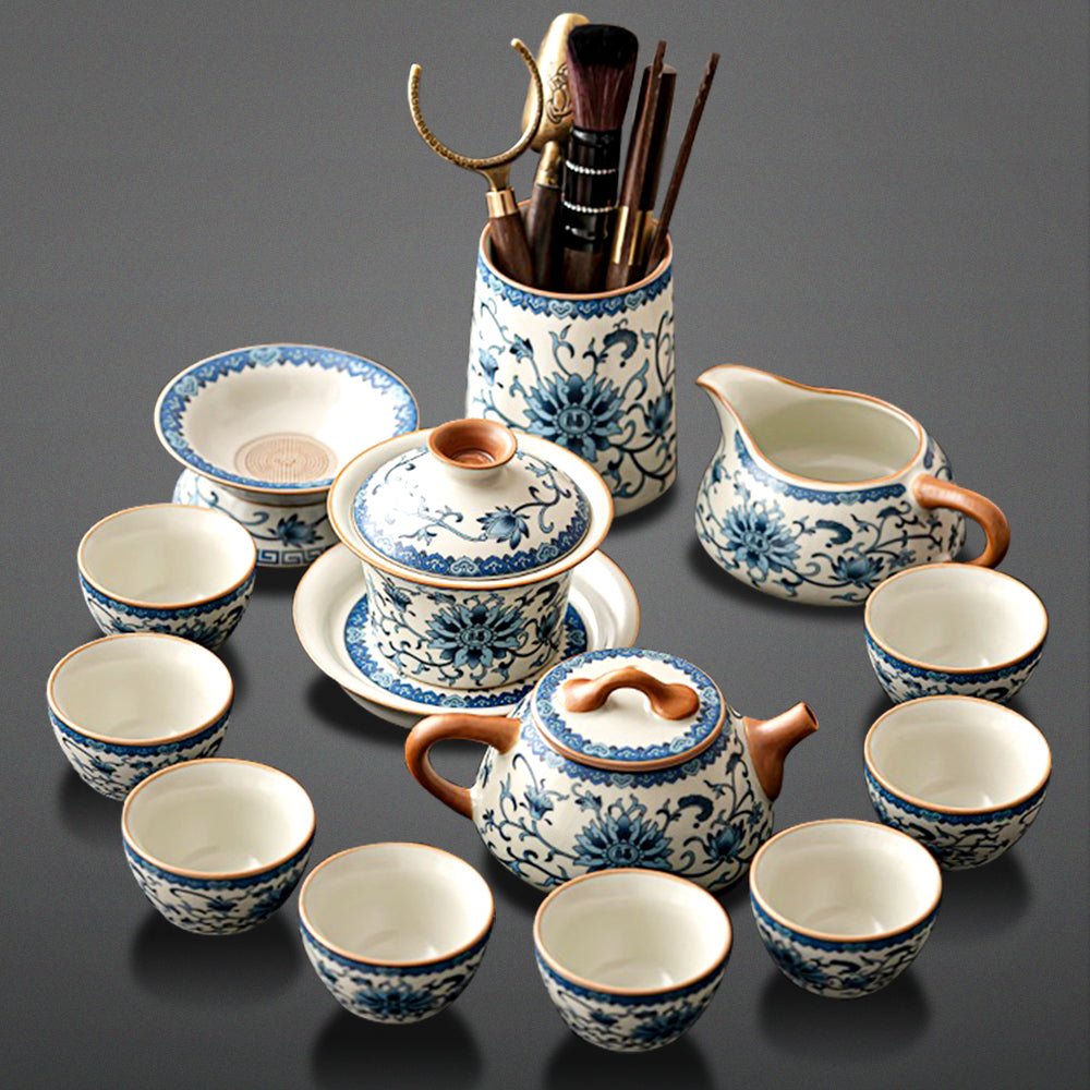 Blue And White Ruyao Twig Flowers Tea Set