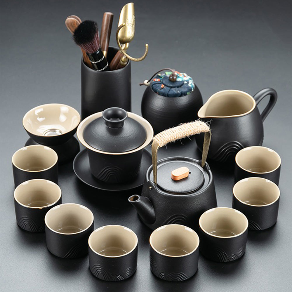 Japanese Black Pottery Mountains Tea Set