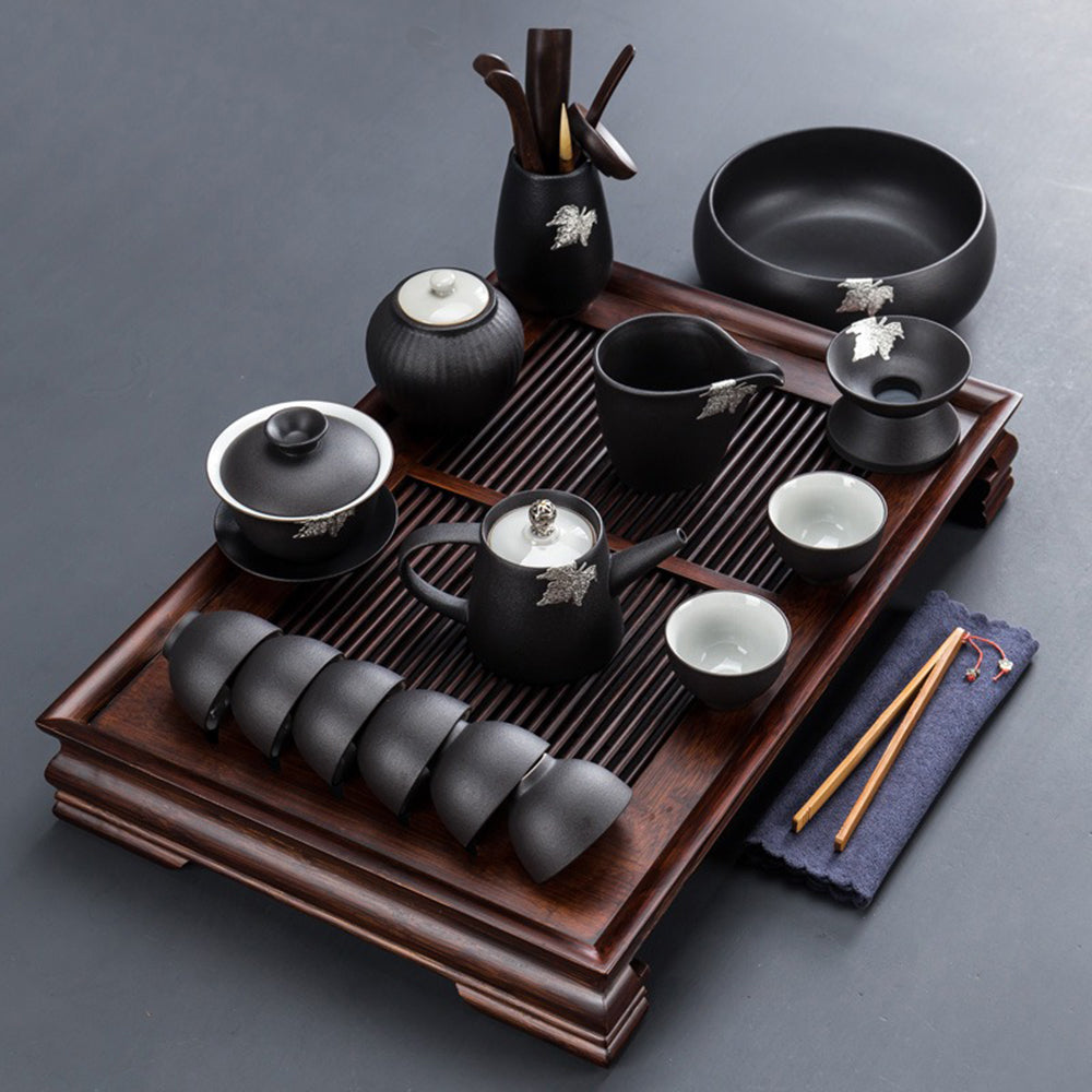 Japanese Black Pottery Tea Set With Tea Tray