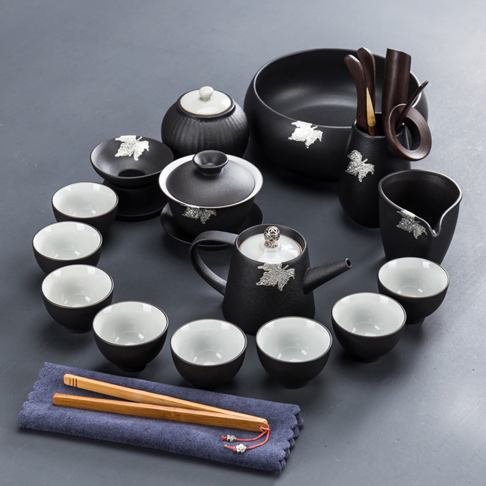 Japanese Black Pottery Tea Set With Tea Tray