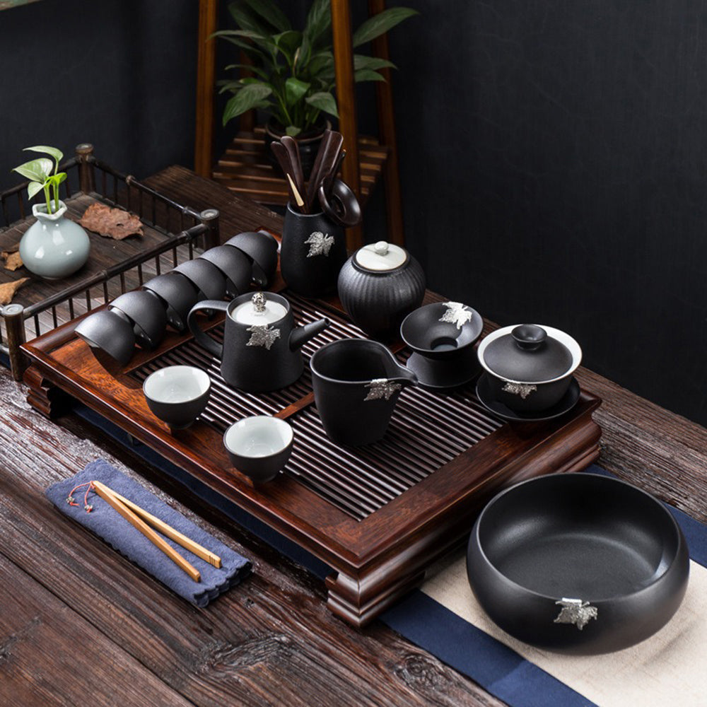 Japanese Black Pottery Tea Set With Tea Tray