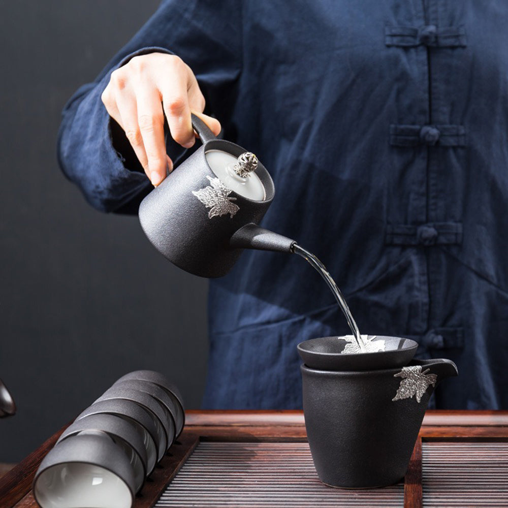 Japanese Black Pottery Tea Set With Tea Tray