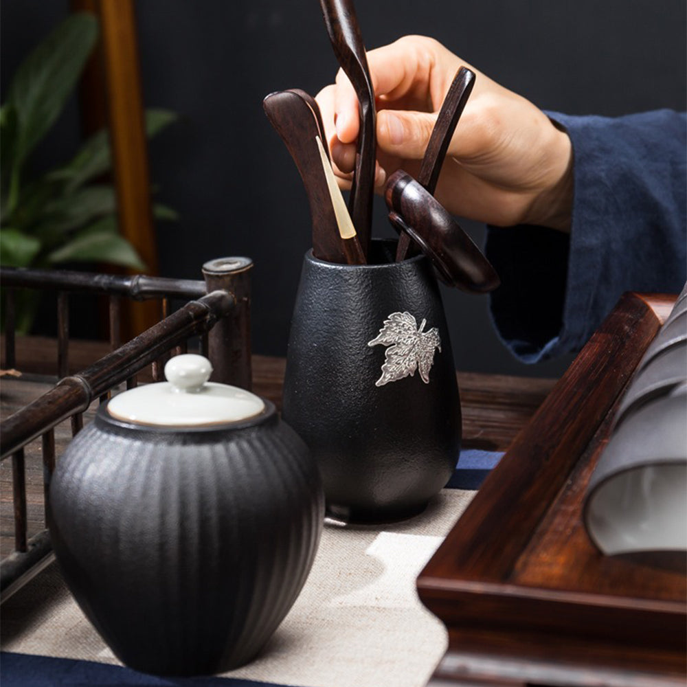 Japanese Black Pottery Tea Set With Tea Tray