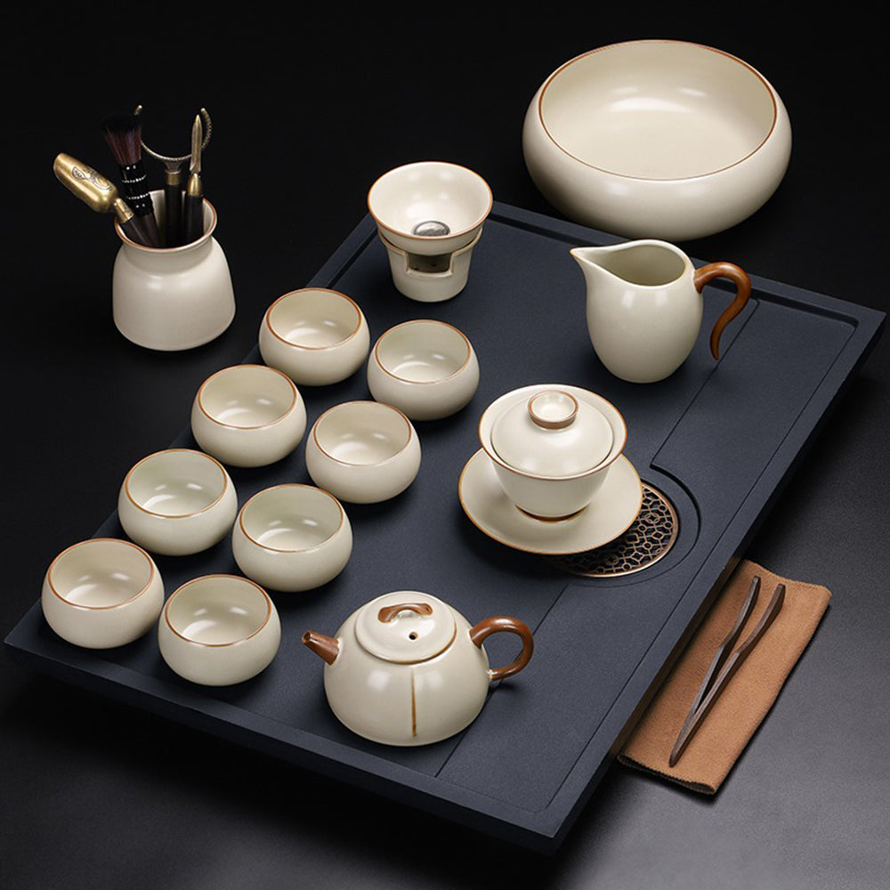 Yellow Ruyao Tea Set With Black Stone Tea Tray