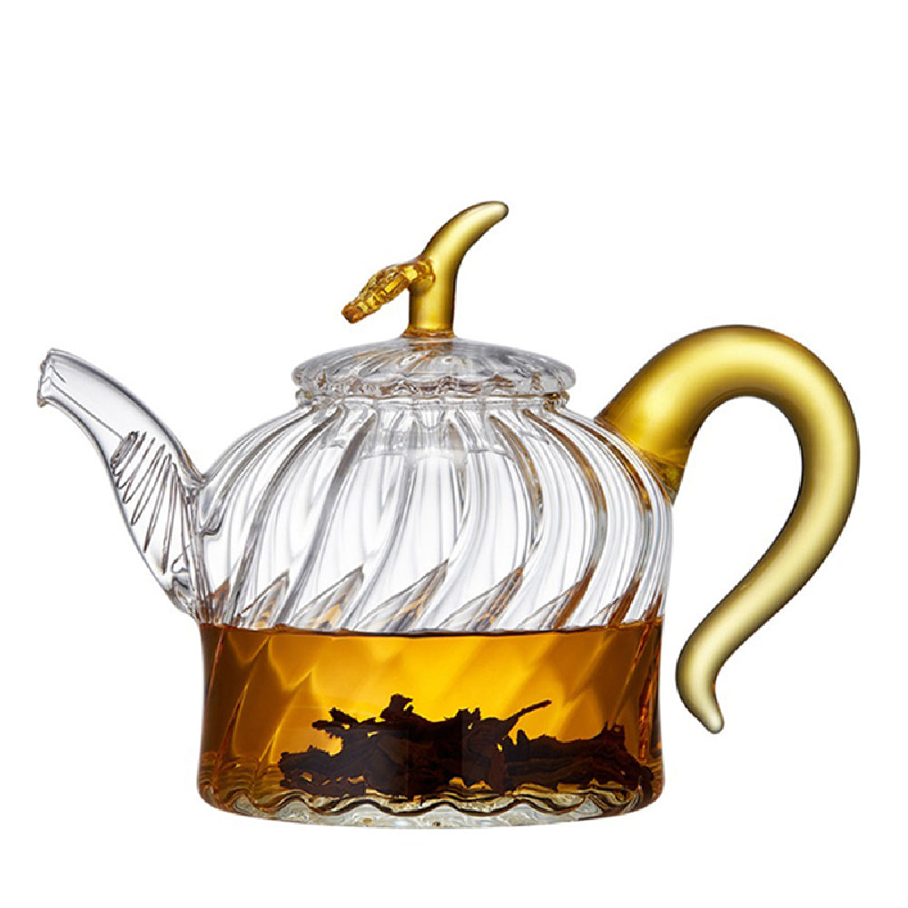 Glass Teapot With Lines And Leaf