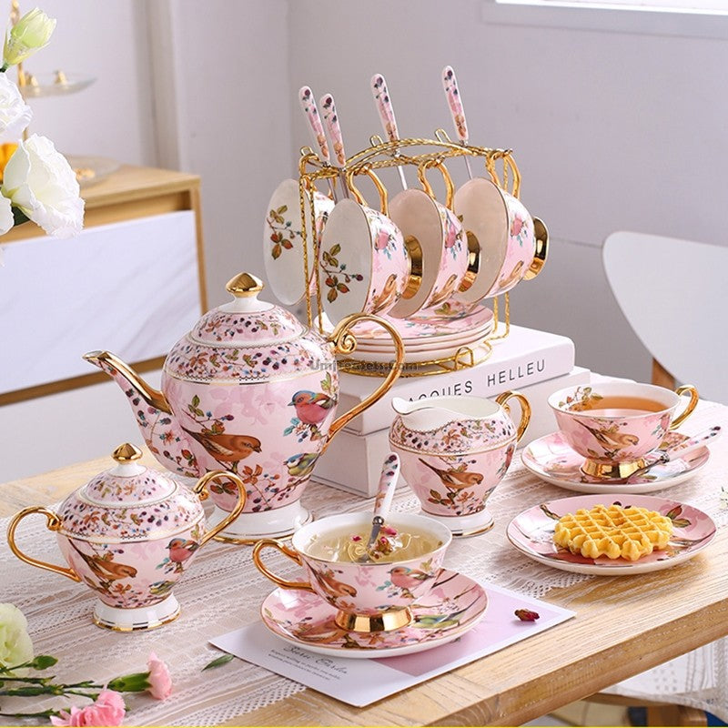 Pink Birds Bone China Tea Set